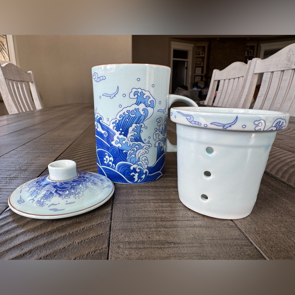 Tea Set With Infuser & Lid - Hokusai Great Wave Motif Asian Inspired Design